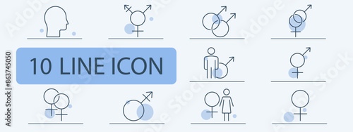 Gender and sexuality line icons set. Head profile, gender symbols, male, female, transgender, intersex. Identity, orientation, inclusivity concept.