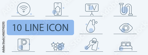 Hotel and hospitality line icons set. WiFi symbol, mobile phone with arrow, TV, plumbing, eye, parking sign, stars, key with tag, bed. Accommodation, service, amenities concept