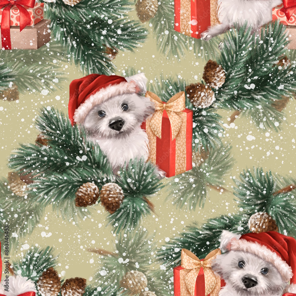 Christmas seamless pattern with white dog and fir branches. Winter holiday background Christmas seamless pattern with white dog and fir branches. Winter holiday background