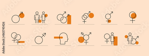 Gender and sexuality line icons set. Head profile, gender symbols, male, female, transgender, intersex. Identity, orientation, inclusivity concept.