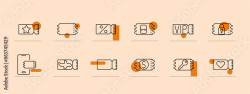 Ticket set icon. Ticket stub, currency, discount, percentage, VIP, mobile ticket, plane, key, heart, lock. Event and travel access concept.