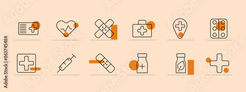Medicine set icon. Bandage, pill bottle, crossed bandages, medical kit, health location, syringe, leaf medicine, cross, tablets. Healthcare medical supplies, treatment, pharmacy, first aid, medication