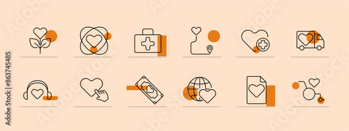 Medicine set icon. Bandage, pill bottle, crossed bandages, medical kit, health location, syringe, leaf medicine, cross, tablets. Healthcare medical supplies, treatment, pharmacy, first aid, medication