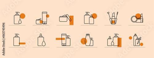 Cosmetics set icon. Lotion bottles, shampoo, cream jar, makeup brushes, mascara, lip gloss, cosmetic tube, dropper bottle, spray, compact powder. Beauty, skincare, makeup products, personal care