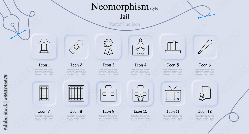 Jail neomorphism style line icons set. Alarm, badge, medal, star, bar ...
