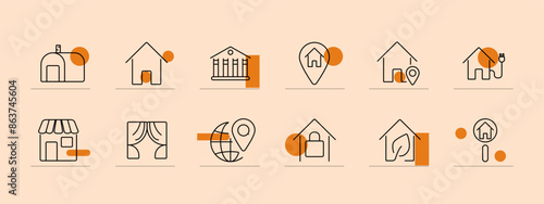 Rent set icon. House, globe, location pin, locked house, bank, store, curtains, eco house, house with plug. Real estate, property rental, leasing, housing market concept