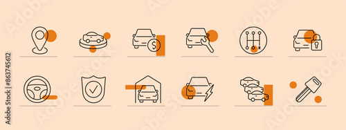 Automobile and car service line icons set. Car garage, electric, price, car search, car key, gear shift, steering wheel, insurance, fleet, security. Automotive, maintenance, transport