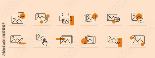 Image management line icons set. Photo album, picture frame, printer, gallery, image edit, favorite photo, photography, visual content. Digital media, creative work, picture storage concept