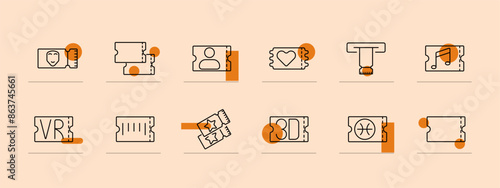 Ticket set icon. Theater, star, 3D, person, heart, turnstile, VR, barcode, basketball, music note. Admission, entertainment, event, entry concept