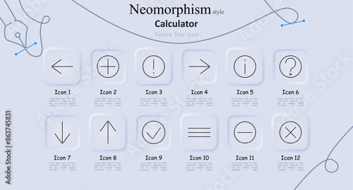 Calculator line icons set. Left arrow, plus symbol, exclamation mark, right arrow, information, question mark, up arrow, check mark, horizontal lines, multiplication symbol. Mathematical operations