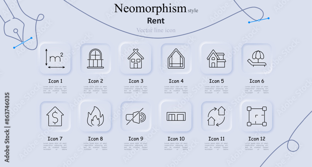 Rent set icon. Square meters, window, house, home, property, vacation home, dollar sign, fire, no pets, sliding doors, recycling, floor plan. Real estate, housing, and rental concept Rent set icon. Square meters, window, house, home, property, vacation home, dollar sign, fire, no pets, sliding doors, recycling, floor plan. Real estate, housing, and rental concept