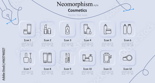 Cosmetics set icon. Lotion tube, lipstick, dropper bottle, shampoo, cream jar, spray bottle, nail polish, lip gloss, mascara, foundation, compact mirror. Beauty, skincare, and hygiene concept.