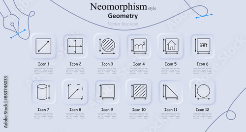 Geometry set icon. Diagonal, arrows, circle, square meters, house dimensions, square feet, cylinder, cube, isosceles triangle, circular area. Measurement, math, and spatial concept