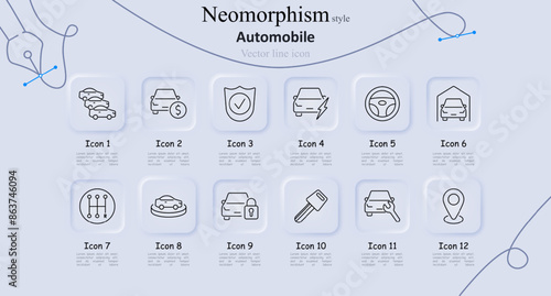 Automobile set icon. Car lineup, price, shield, electric, steering wheel, car garage, gearshift, show, lock, car key, repair, location pin. Transportation, automotive, and vehicle