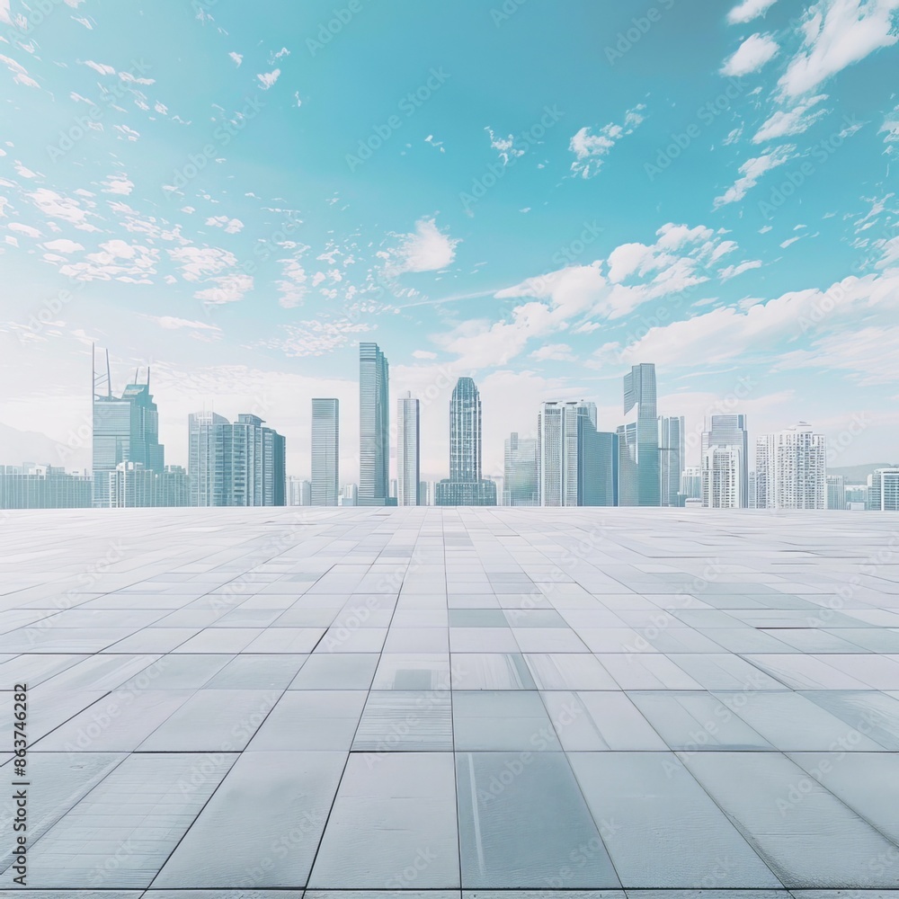An empty square floor with a city skyline and modern buildings beneath a blue sky. Generative AI An empty square floor with a city skyline and modern buildings beneath a blue sky. Generative AI