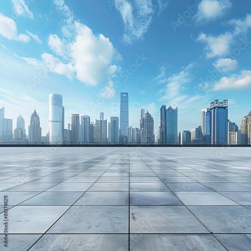 An empty square floor with a city skyline and modern buildings beneath a blue sky. Generative AI