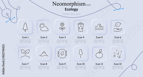 Ecology set icon. Tree, sun, flower, recycling bin, wave, hand with leaf, sprout, mountain, ecology logo, fruit, rain. Environment, sustainability, and nature conservation concept