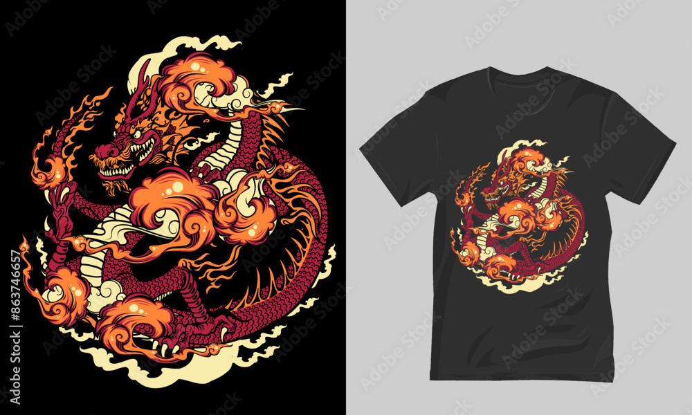 Fiery Dragon Embrace T-Shirt Design The dragon, illustrated with intricate details, showcases vibrant hues of red and orange, with flames emanating from its body, symbolizing its fierce and fiery Fiery Dragon Embrace T-Shirt Design The dragon, illustrated with intricate details, showcases vibrant hues of red and orange, with flames emanating from its body, symbolizing its fierce and fiery