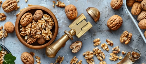 Golden Nutcracker With Whole Walnuts on Gray Background