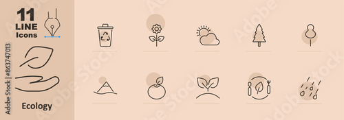 Ecology set icon. Recycling bin, flower, cloud, tree, mountain, apple, plant, food, rain, nature, environment, sustainability, eco-friendly, green, natural, organic, conservation