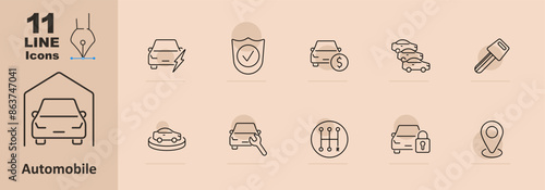 Automobile set icon. Car, electric car, insurance, cost, parking, keys, repair, maintenance, transmission, lock, location, vehicle, security, transport, finance, navigation, automotive industry