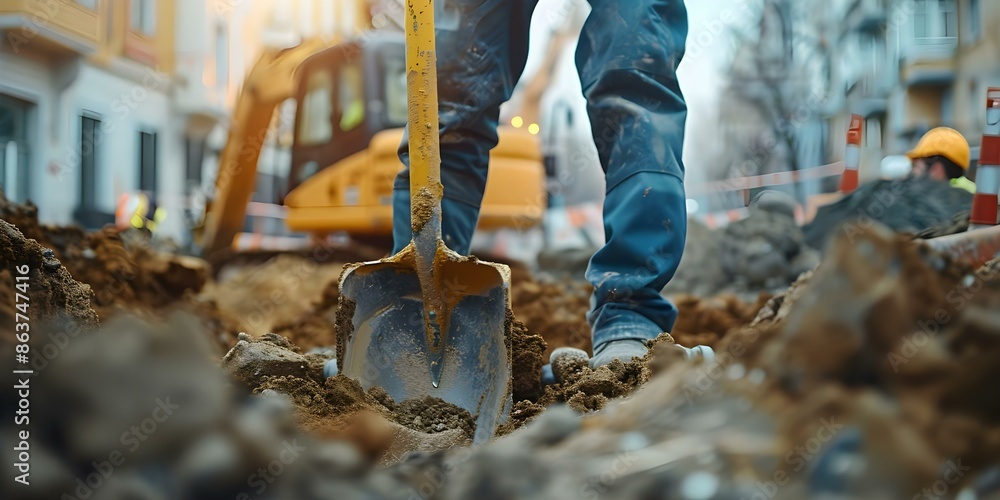 Construction worker digging with shovel on job site. Concept Construction worker, Digging with shovel, Job site, Work equipment, Hard labor Construction worker digging with shovel on job site. Concept Construction worker, Digging with shovel, Job site, Work equipment, Hard labor