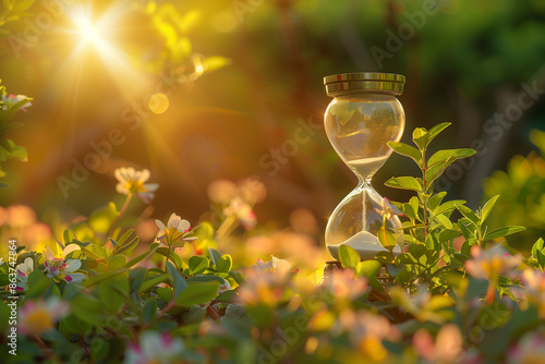 Create an evocative image illustrating the passage of time through the lens of aging, using the timeless symbol of an hourglass, with a serene garden bathed in golden sunlight sett