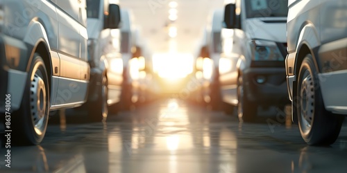 Wallpaper Mural Evening light shines on linedup transport vans in logistics operation. Concept Transportation, Logistics, Evening Light, Vehicle Line-Up, Operations Torontodigital.ca