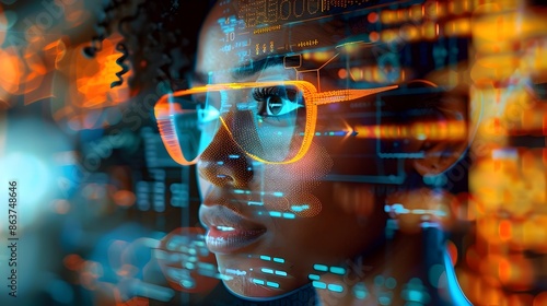 Digitally Empowered African American Female Programmer Coding on Futuristic Holographic Display