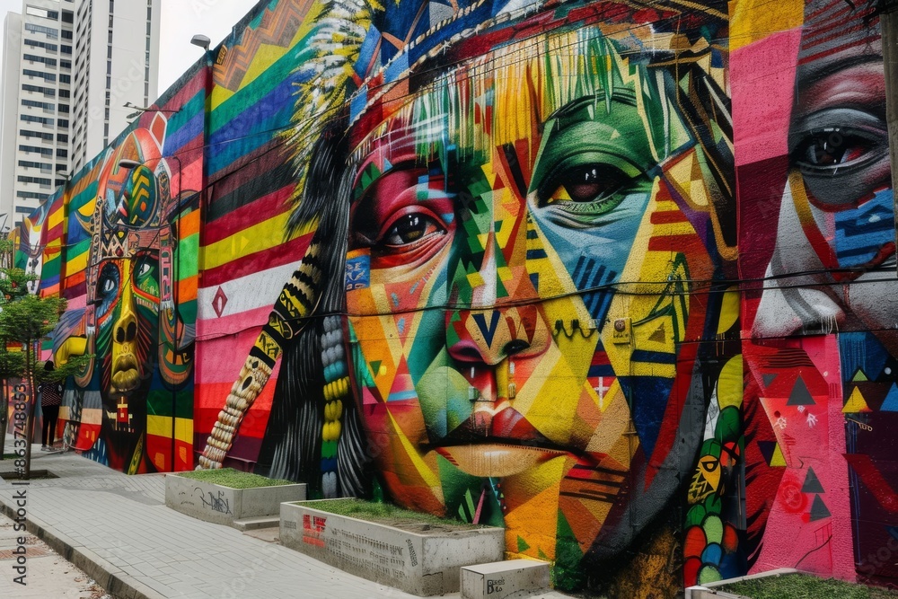 A Colorful Mural of Faces in the Urban Landscape of Sao Paulo