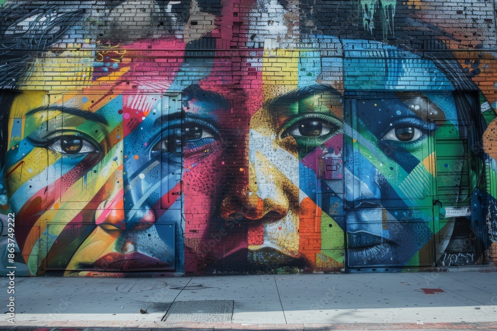 Naklejka premium A Street Art Masterpiece Depicting A Colorful Face On A Brick Wall In Los Angeles