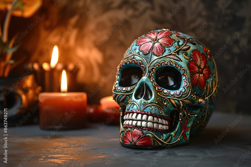 gold skull for dia de los muertos - day of the dead with candles and flowers gold skull for dia de los muertos - day of the dead with candles and flowers