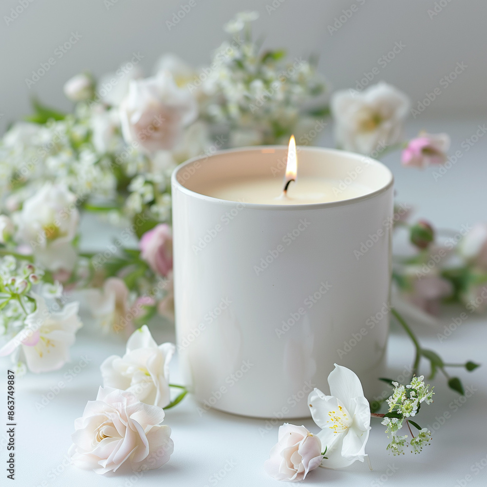 Scented candle in oversized cylindrical cup, pure white background, simple decoration, fresh flowers, marine, product photography Scented candle in oversized cylindrical cup, pure white background, simple decoration, fresh flowers, marine, product photography
