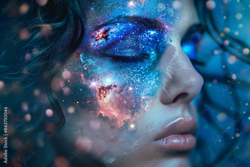 A conceptual portrait of a woman adorned with a galaxy overlay, symbolizing cosmic beauty and mystery A conceptual portrait of a woman adorned with a galaxy overlay, symbolizing cosmic beauty and mystery