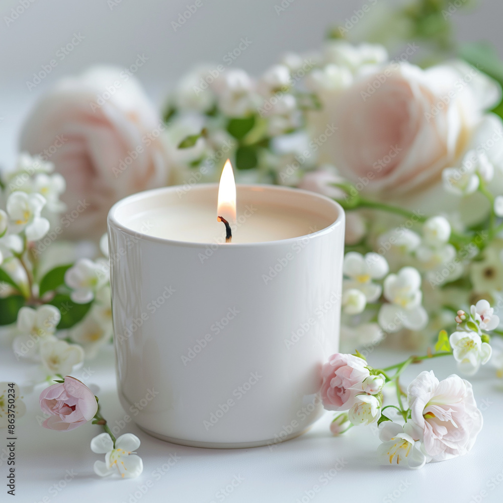 Scented candle in oversized cylindrical cup, pure white background, simple decoration, fresh flowers, marine, product photography Scented candle in oversized cylindrical cup, pure white background, simple decoration, fresh flowers, marine, product photography
