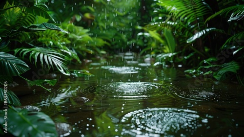 A tranquil scene of a tropical rainforest during a gentle rain, the droplets creating ripples in small puddles on the forest floor, surrounded by a multitude of greens. © Aqsa