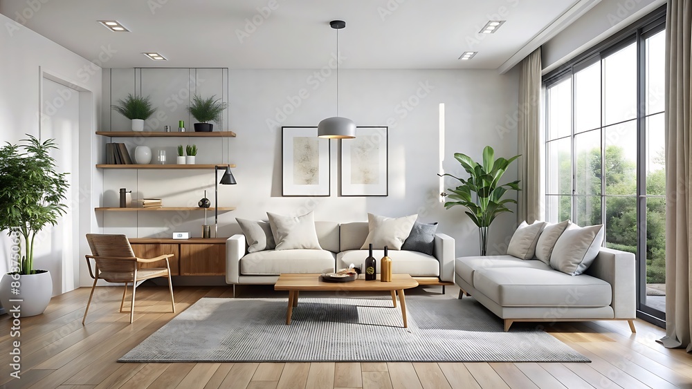 Fototapeta premium Modern Living Room with White Sofa, Wooden Floor, and Large Window.