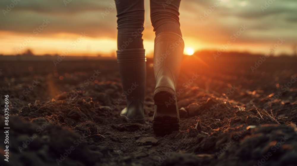 Fototapeta premium Silhouette of farmer walking in rubber boots on black field at sunset. Agriculture concept, lifestyle close up.