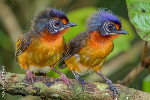 A Symphony of Colors: Two Spectacled Birds Perched on a Branch in the Lush Rainforest photo