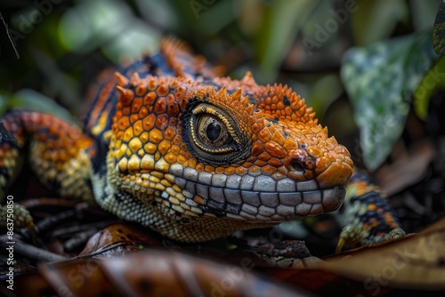 A Vibrant Jungle Lizard Poses for a Portrait in the Lush Green Undergrowth © Dmitrii