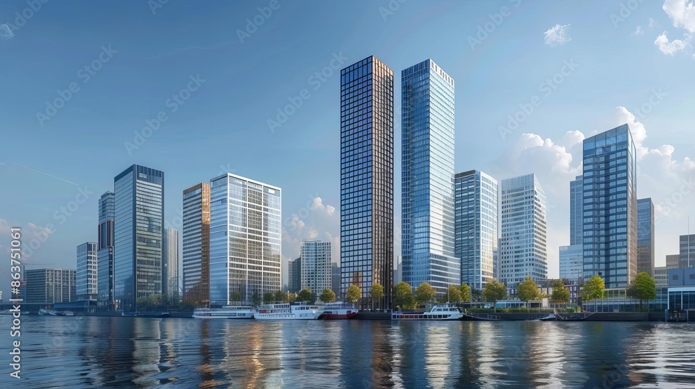 Perspective of business buildings as seen from a river or waterfront, business buildings, waterside view Perspective of business buildings as seen from a river or waterfront, business buildings, waterside view