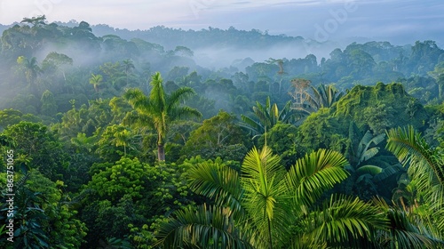 A panoramic view of a lush tropical rainforest, with towering green trees and dense undergrowth, the early morning mist hanging low over the canopy. © Aqsa