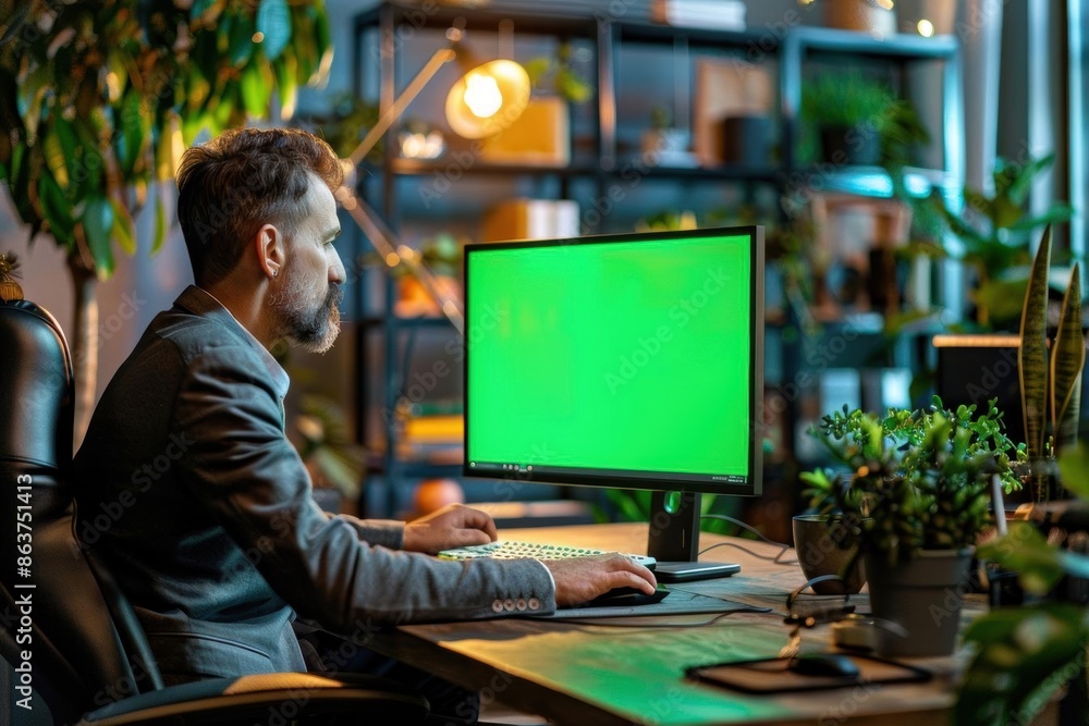 Man working on computer with green screen, focused on work, technology, business. Man working on computer with green screen, focused on work, technology, business.
