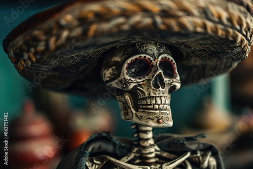 Mexican Bandit Skeleton . A skeleton wearing a Mexican sombrero and a poncho. Edited in a vintage film style. photo