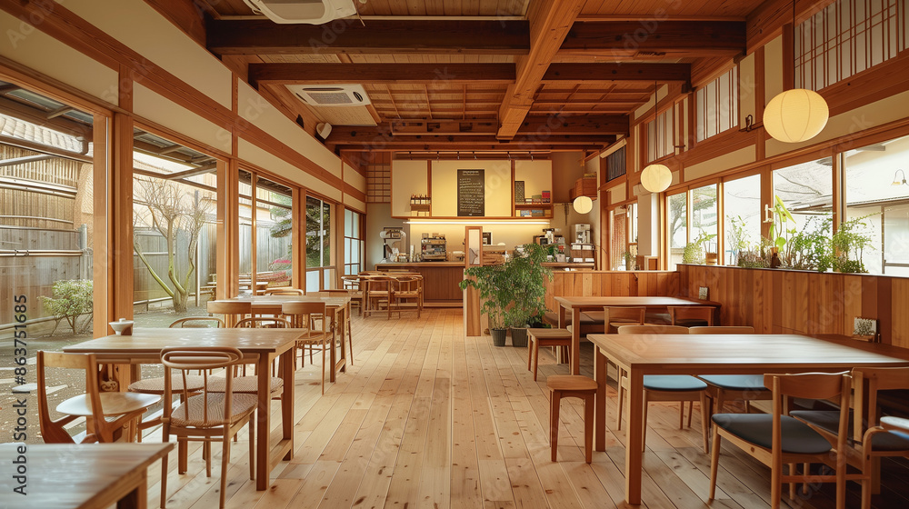 Fototapeta premium Discover the inviting interior of a multi-purpose event space and café, featuring modern design, cozy seating, and ambient lighting perfect for gatherings, meetings, and casual hangouts.