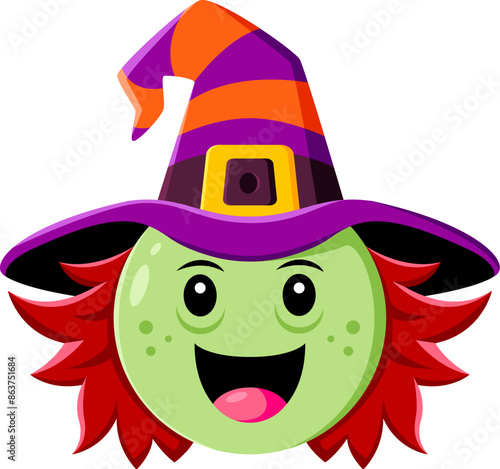 Halloween holiday cartoon witch emoji character. Isolated vector cheerful hag face with green skin, wear pointed hat, and a mischievous grin conveys spooky playful fun to messages during seasonal chat