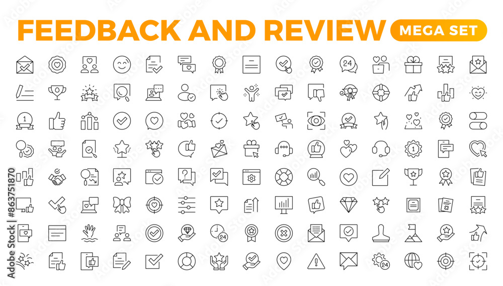 Set of Feedback, Review, and Customer Experience Outline Icon Collection. Rating, Testimonials, Quick Response, experience, Satisfaction, etc. Simple web icon illustration, Set of Feedback, Review, and Customer Experience Outline Icon Collection. Rating, Testimonials, Quick Response, experience, Satisfaction, etc. Simple web icon illustration,