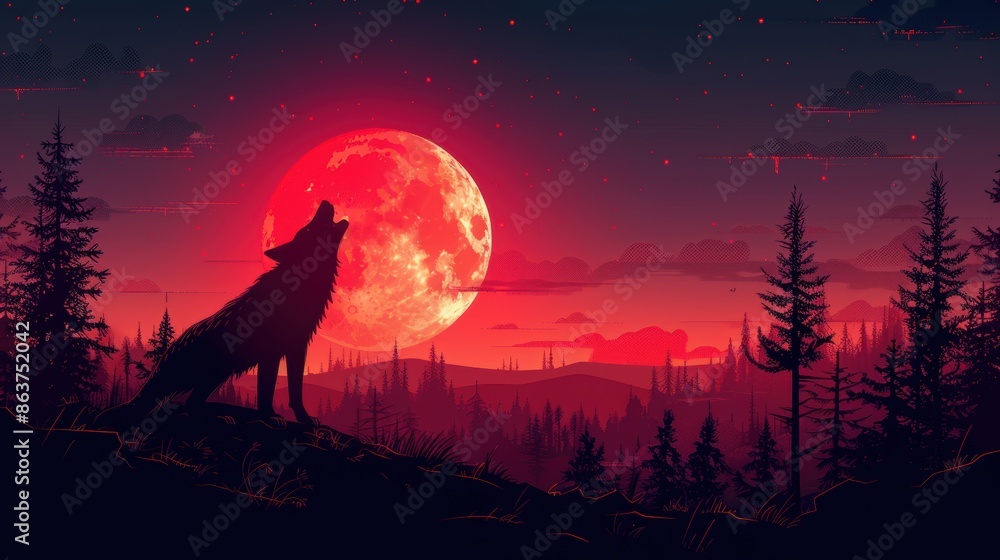 Naklejka premium A vector wolf howling at the moon, with a mix of bold and soft gradients.