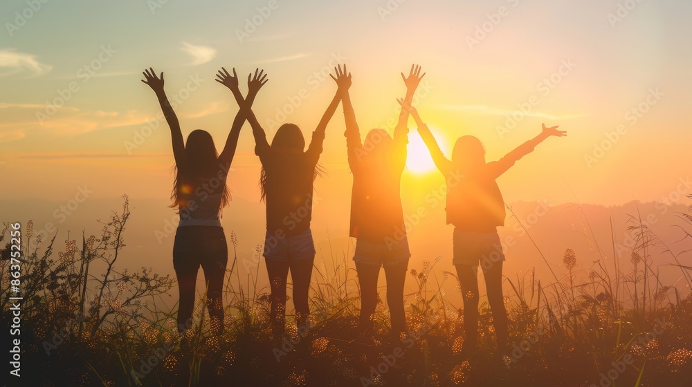 silhouette of women against sunrise with vibrant colors and dynamic poses for a captivating image. silhouette of women against sunrise with vibrant colors and dynamic poses for a captivating image.
