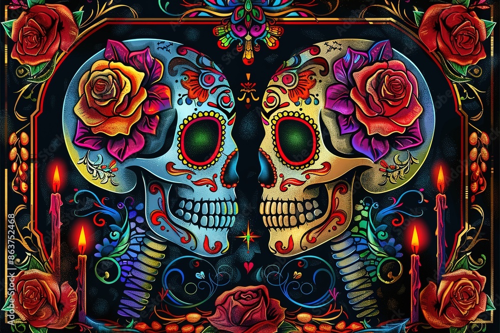 Fototapeta premium A painting of La Calavera Catrina, A woman with a skull, celebration of the Day of the Dead